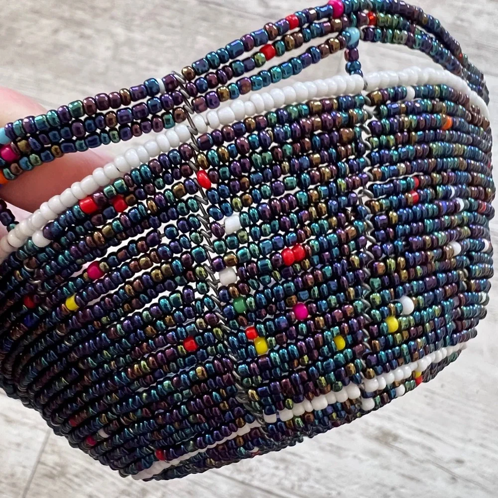 Handcrafted Wire and Seed Bead Bowl Multicolored Beaded Trinket 6” Dish
